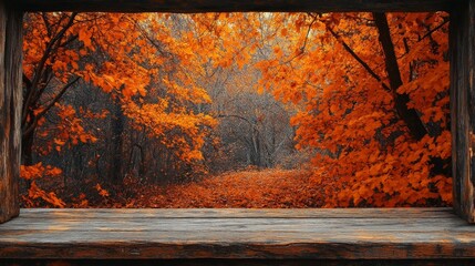 A wooden table framed by a forest of vibrant orange fall foliage. The autumn colors enhance the rustic charm and seasonal atmosphere