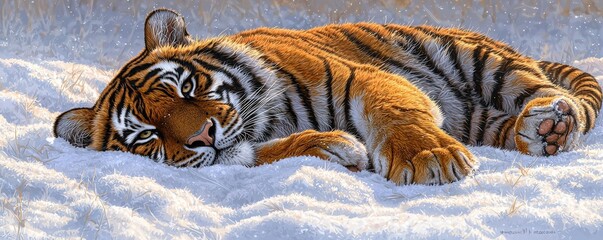Obraz premium Siberian Tiger Relaxing in Snowy Landscape