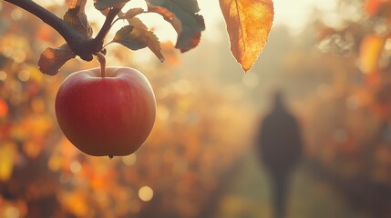 A ripe apple hangs from a tree branch in an orchard, bathed in warm sunlight. In the blurred background, a person walks through the rows of apple trees, evoking a peaceful autumn harvest scene.