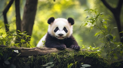 Fototapeta premium Cute Panda Cub in a Lush Forest