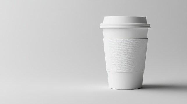 Elegant and clean white coffee cup with a blank sleeve, showcased on a plain surface for effective design and branding presentations