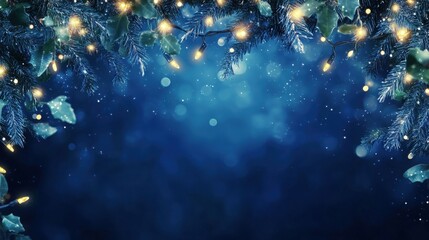 Elegant blue Christmas garland with twinkling lights, hanging gracefully to create a festive and inviting holiday background