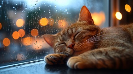 A wide-angle view of a cat curled up on a window bench, with the room dimly lit and rain falling outside, casting a calm mood 