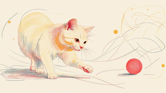 The cat is playing with a toy ball in a modern illustration in one line