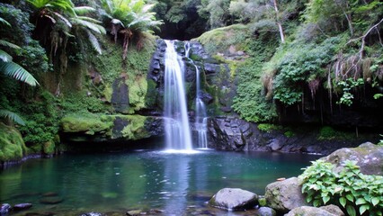 Serene Hidden Waterfall Cascading Down a Cliff