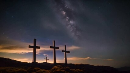 Three crosses rise on a hill under a canopy of stars, as clouds gently float past. This scene encapsulates the themes of Easter, resurrection, renewal, and salvation. Presented as a continuous loop in - Powered by Adobe