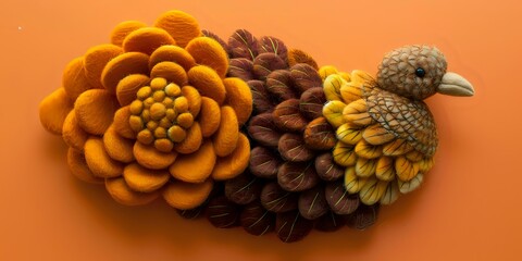 Obraz premium A decorative turkey made of colorful flowers and pinecones for a festive display.