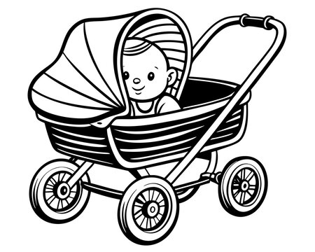recommend clip art: Newborn Baby Modern Stroller Line Art Vector Illustration for Baby Care Product