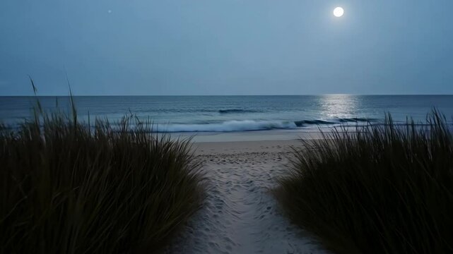 A serene coastal pathway framed by tall grasses leads to a calm beach under the moonlight. The quiet ocean stretches towards the horizon, reflecting the full moon in a peaceful twilight scene.