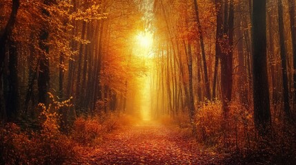 Embrace a peaceful walk on an autumn path, surrounded by a forest ablaze with fiery fall colors for a magical, serene experience