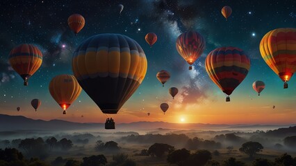 Obraz premium hot air balloons in the sky with the sun setting behind them.