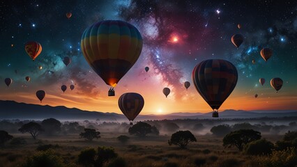 Obraz premium hot air balloons flying over a field of trees and mountains.