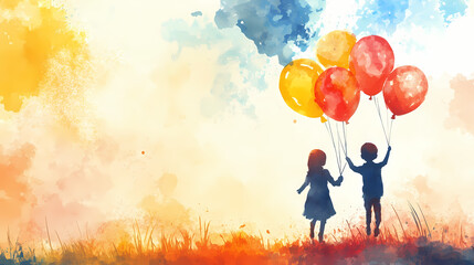 Joyful children holding balloons in watercolor wonderland atmosphere. Impressionist Landscape. Illustration