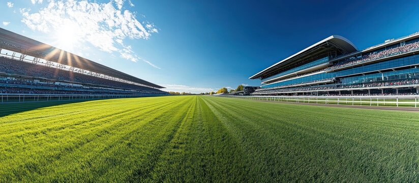 Green grassy track with grandstands on each side under a blue sky with sunshine.