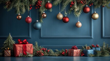 Elegant holiday decor with blue backdrop and hanging ornaments in a festive setting