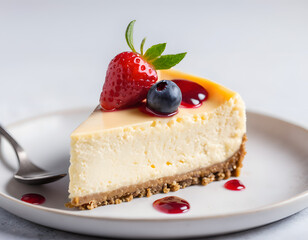 A cheesecake with raspberries and a fork on a plate