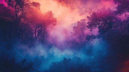 Fototapeta premium Enchanted forest scene with thick fog and a captivating mix of vivid, otherworldly colors