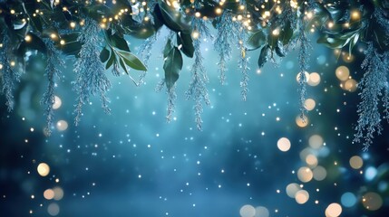 Enchanting background with a blue Christmas garland, decorated with twinkling lights that hang gracefully. Perfect for holiday visuals