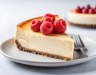 A cheesecake with raspberries and a fork on a plate