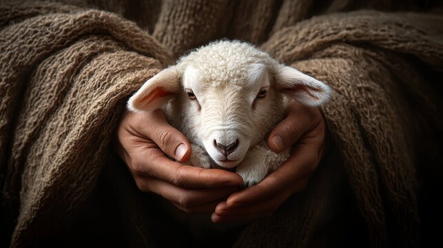 The hands of Jesus Christ gently holding a lamb. Conceptual image depicting a sense of protection and care. AI generated image
