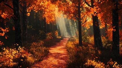 Fototapeta premium Enjoy a peaceful forest walk along an autumn path, with fiery fall colors creating a magical and calming atmosphere for a serene escape