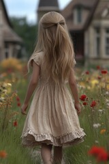 Young girl in a beige dress walking through a field of wildflowers near a countryside house.