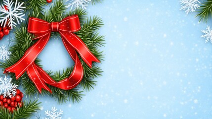 Hand-Drawn Christmas Wreath with Red Bow and Snowflakes