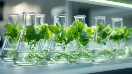 Erlenmeyer flasks with pea plant samples lined up in a lab for controlled research and growth observation