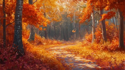 Obraz premium Experience a magical autumn path in a peaceful forest, surrounded by a breathtaking display of fiery fall colors for a tranquil escape