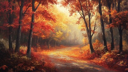 Experience a magical autumn path in a peaceful forest, surrounded by a breathtaking display of fiery fall colors for a tranquil escape