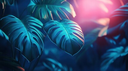 Green and Blue Neon Light with Tropical Leaves