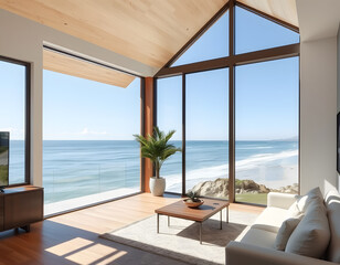 Fototapeta premium A living room with a couch and a table with a view of the ocean