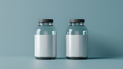 Two glass bottles with blank labels and black lids, perfect for showcasing your product.
