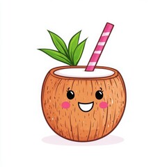 Cute Cartoon Coconut with Straw and Smiling Face