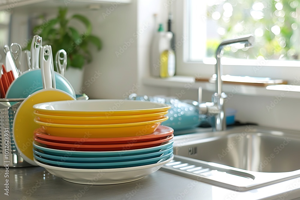 Wall mural stack of clean dishes on kitchen counter with sink and faucet