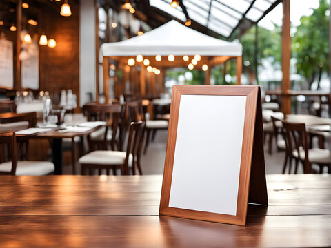 Mock up Label the blank menu frame in Bar restaurant ,Stand for booklets with white sheets paper acrylic tent card on wooden table cafeteria blurred background can inserting the text of the customer.