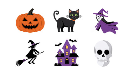 Variety of halloween decor accessoires, pumpkin, cat, witch,skull, ghost , flat, illustration, isolated on white or transparent, png, Generative Ai