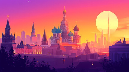 Fototapeta premium Moscow city abstract colourful skyline travel poster design illustration, cathedral church famous russian architecture. Russian Cathedral. Illustration