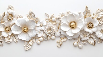 Refined white gold floral border art with elegant jewelry motifs. The intricate flower patterns are highlighted with subtle golden accents for a sophisticated finish