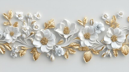 Refined white gold floral border art with intricate jewelry-like elements. The combination of delicate flowers and gold accents creates a luxurious visual appeal