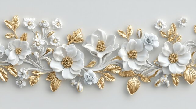 Refined white gold floral border art with intricate jewelry-like elements. The combination of delicate flowers and gold accents creates a luxurious visual appeal