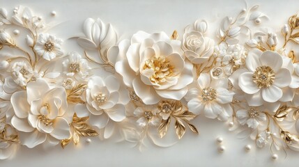 Refined white gold floral border art with intricate jewelry-like elements. The combination of delicate flowers and gold accents creates a luxurious visual appeal