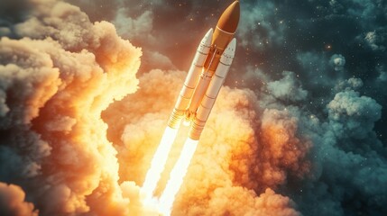 Render of a space rocket launch symbolizing the technology development behind a new product or service, featuring a detailed 3D environment