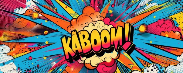 Colorful pop art background with "KABOOM!" inside. Explosion theme, Bold graphics, Vibrant vector
