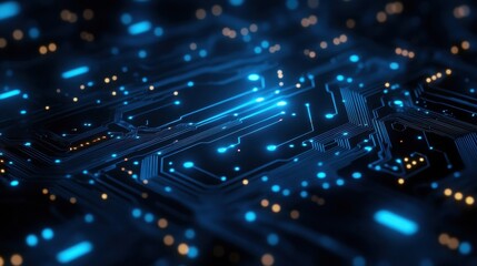Obraz premium Blue circuit board background with bokeh lights. Digital concept banner on dark background with modern technology