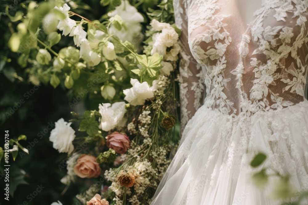 Wall mural close-up of a lace wedding dress surrounded by delicate flowers and greenery