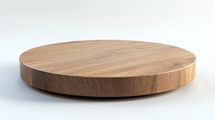 A 3D round podium with a wooden texture, softly lit and placed on a clean white background, providing a natural and warm aesthetic for eco-friendly product displays.