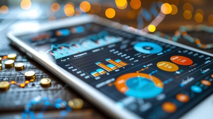A smartphone displaying financial charts and graphs, with gold coins scattered around it, indicating investment and financial analysis.