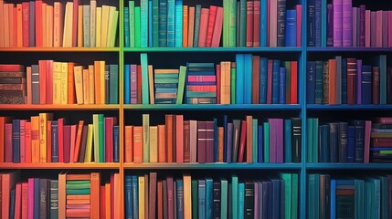 A bookshelf filled with rows of bright, colorful books in various sizes, arranged by color to create a gradient effect, adding a lively, organized feel to the scene.