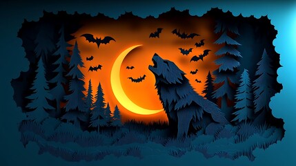 A werewolf howling at the crescent moon, paper-cut style, eerie forest in the background, bats flying in the night sky, glowing moon casting soft shadows, layered paper details with sharp edges,